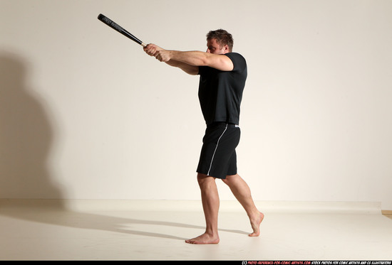 Adult Muscular White Moving poses Sportswear Fighting with bat