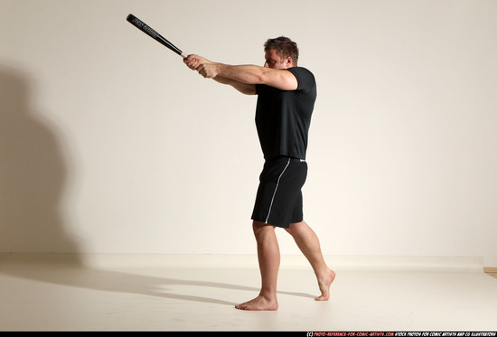 Adult Muscular White Moving poses Sportswear Fighting with bat