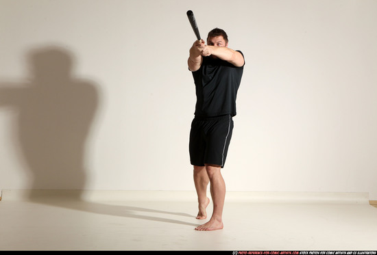 Adult Muscular White Moving poses Sportswear Fighting with bat