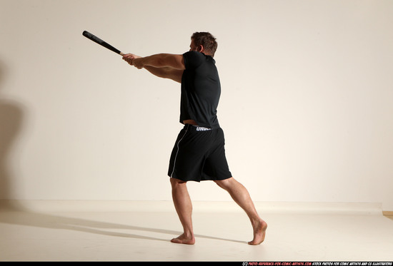 Adult Muscular White Moving poses Sportswear Fighting with bat