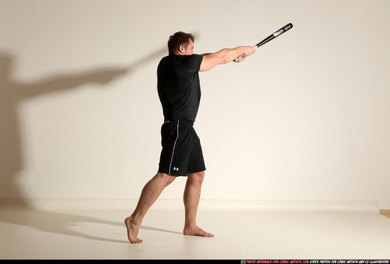 Adult Muscular White Moving poses Sportswear Fighting with bat