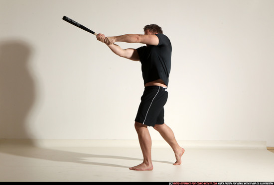 Adult Muscular White Moving poses Sportswear Fighting with bat