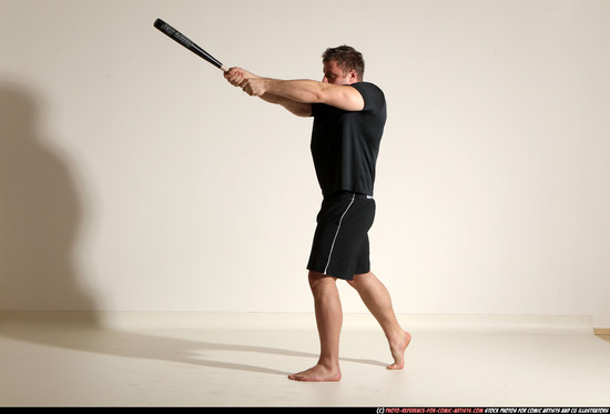 Adult Muscular White Moving poses Sportswear Fighting with bat