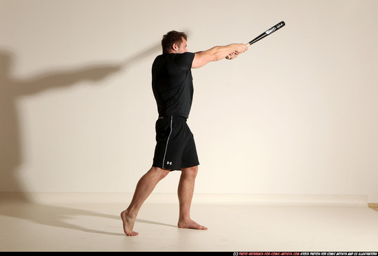 Adult Muscular White Moving poses Sportswear Fighting with bat