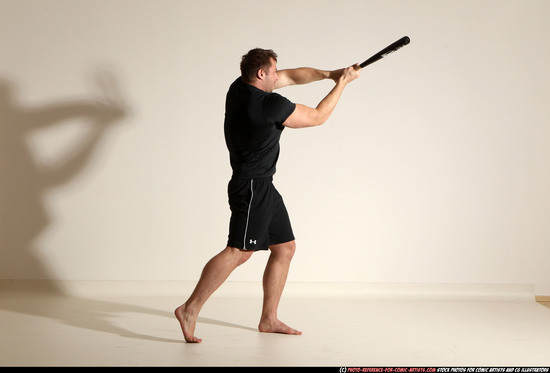 Adult Muscular White Moving poses Sportswear Fighting with bat