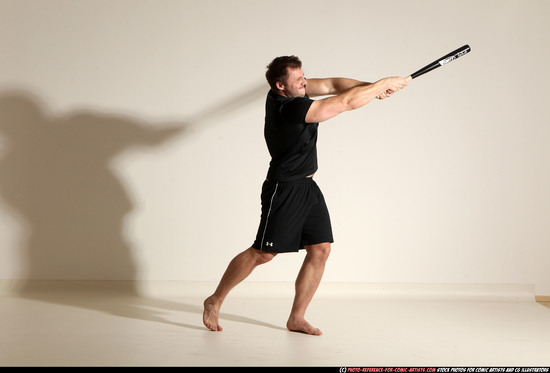 Adult Muscular White Moving poses Sportswear Fighting with bat