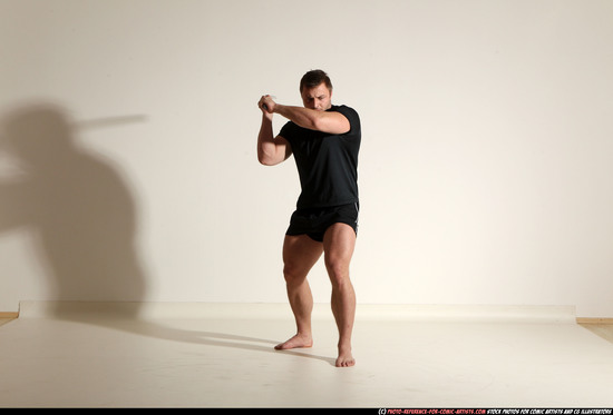 Man Adult Muscular White Fighting with sword Moving poses Sportswear