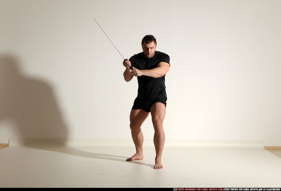 Man Adult Muscular White Fighting with sword Moving poses Sportswear