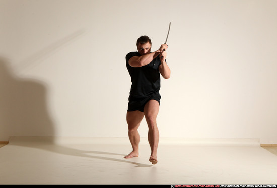 Man Adult Muscular White Fighting with sword Moving poses Sportswear