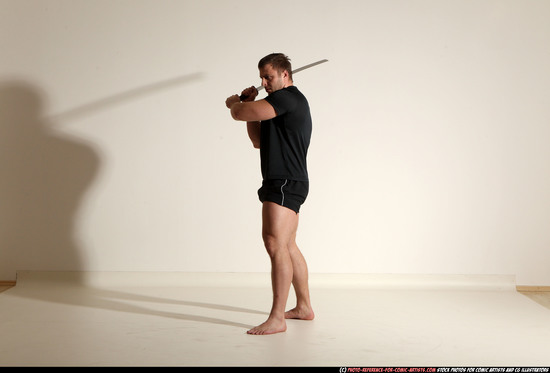 Man Adult Muscular White Fighting with sword Moving poses Sportswear