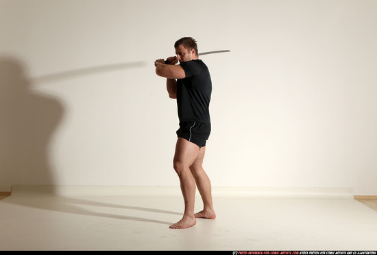 Man Adult Muscular White Fighting with sword Moving poses Sportswear