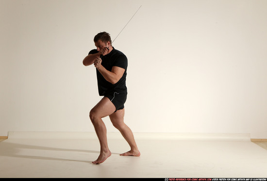 Man Adult Muscular White Fighting with sword Moving poses Sportswear