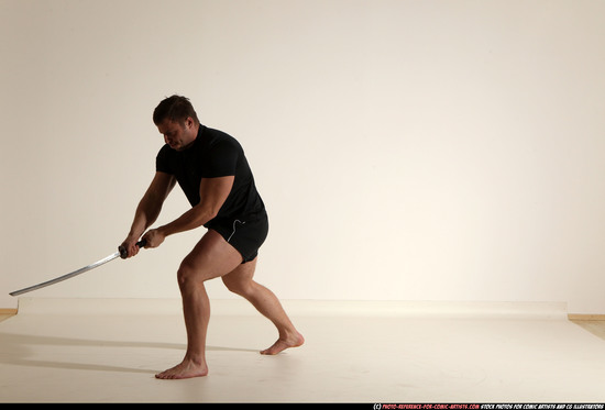 Man Adult Muscular White Fighting with sword Moving poses Sportswear