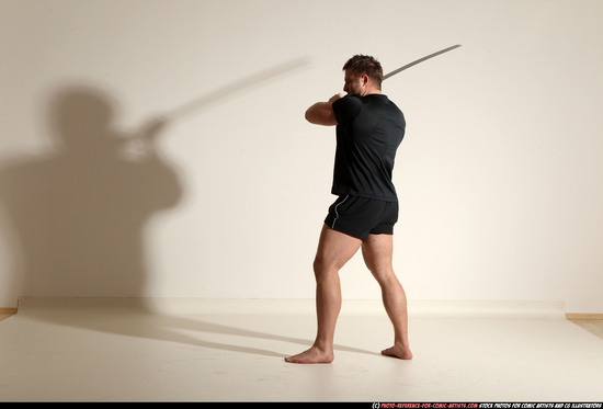 Man Adult Muscular White Fighting with sword Moving poses Sportswear