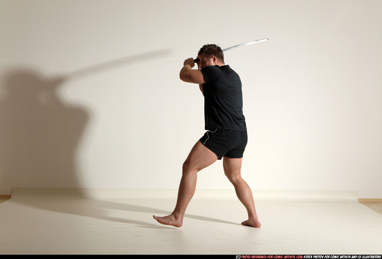 Man Adult Muscular White Fighting with sword Moving poses Sportswear