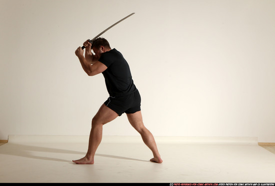 Man Adult Muscular White Fighting with sword Moving poses Sportswear