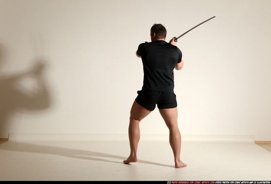 Man Adult Muscular White Fighting with sword Moving poses Sportswear