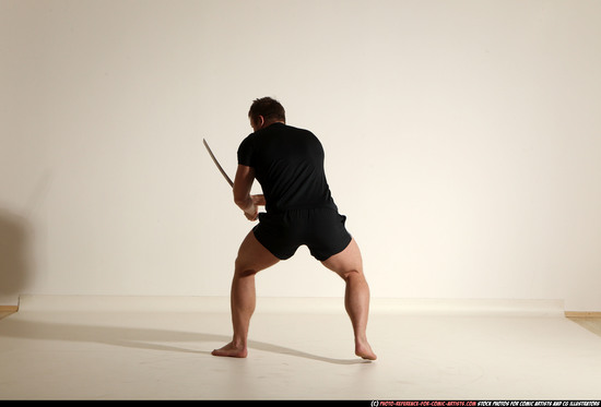 Man Adult Muscular White Fighting with sword Moving poses Sportswear