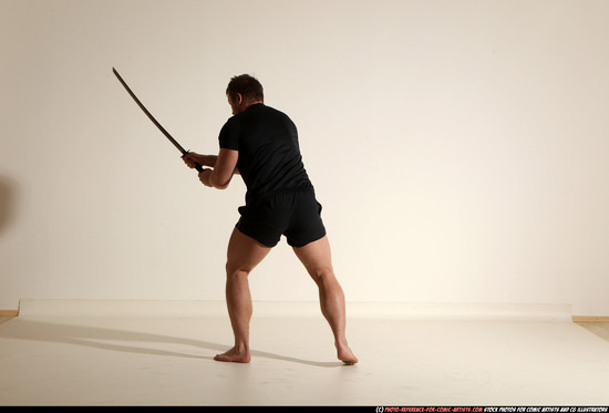 Man Adult Muscular White Fighting with sword Moving poses Sportswear