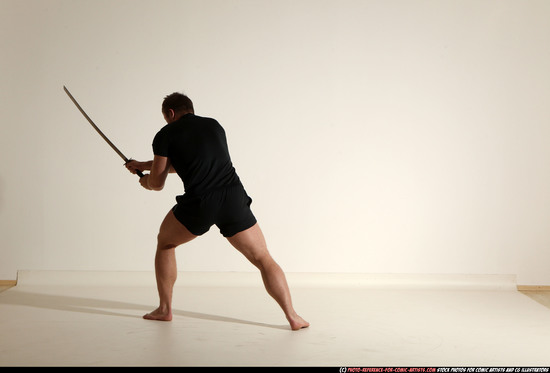 Man Adult Muscular White Fighting with sword Moving poses Sportswear