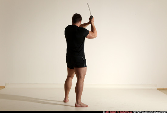 Man Adult Muscular White Fighting with sword Moving poses Sportswear