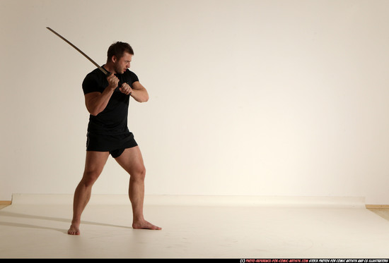 Man Adult Muscular White Fighting with sword Moving poses Sportswear