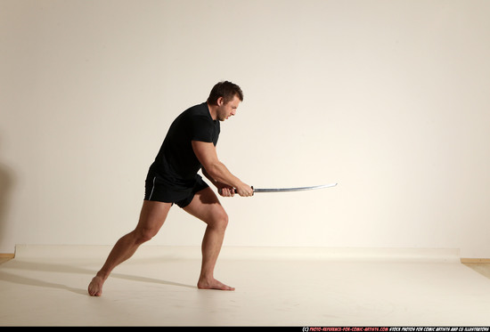 Man Adult Muscular White Fighting with sword Moving poses Sportswear