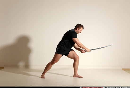 Man Adult Muscular White Fighting with sword Moving poses Sportswear