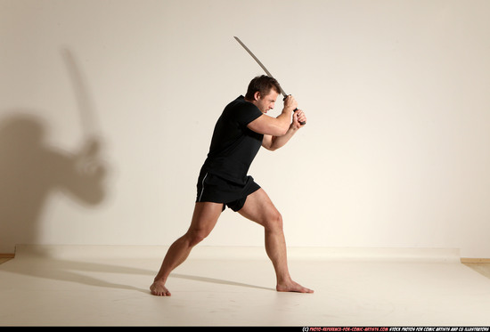 Man Adult Muscular White Fighting with sword Moving poses Sportswear