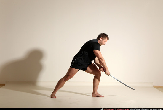 Man Adult Muscular White Fighting with sword Moving poses Sportswear