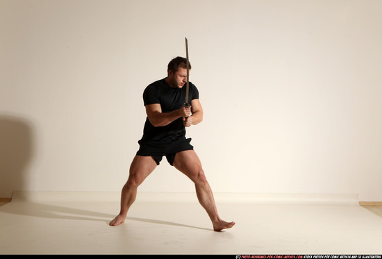 Man Adult Muscular White Fighting with sword Moving poses Sportswear