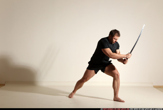 Man Adult Muscular White Fighting with sword Moving poses Sportswear