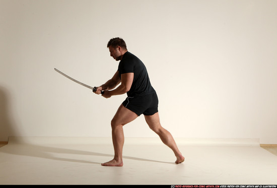 Man Adult Muscular White Fighting with sword Moving poses Sportswear