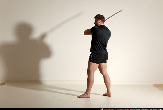 Man Adult Muscular White Fighting with sword Moving poses Sportswear