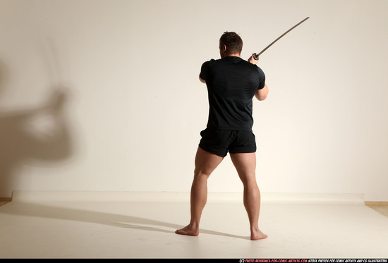 Man Adult Muscular White Fighting with sword Moving poses Sportswear