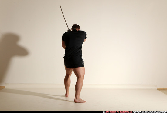 Man Adult Muscular White Fighting with sword Moving poses Sportswear