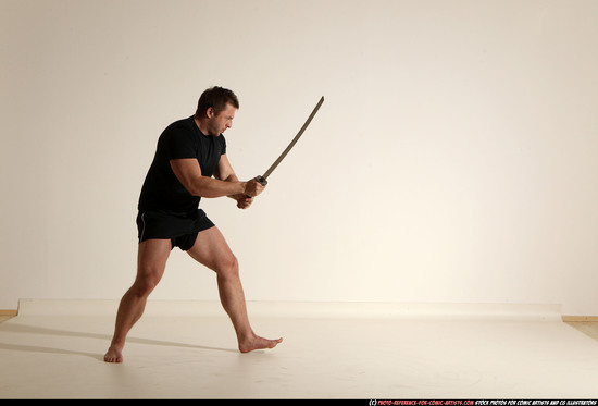 Man Adult Muscular White Fighting with sword Moving poses Sportswear