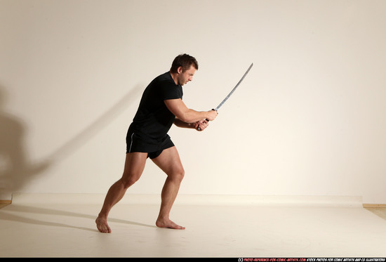 Man Adult Muscular White Fighting with sword Moving poses Sportswear