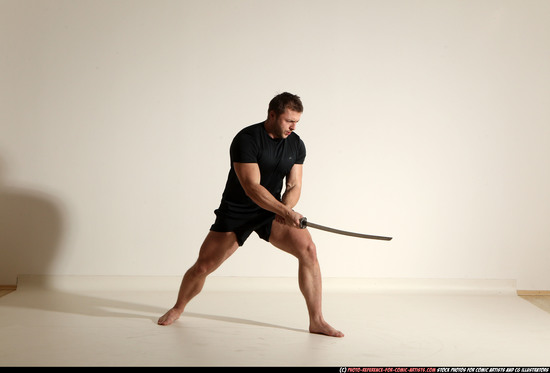 Man Adult Muscular White Fighting with sword Moving poses Sportswear