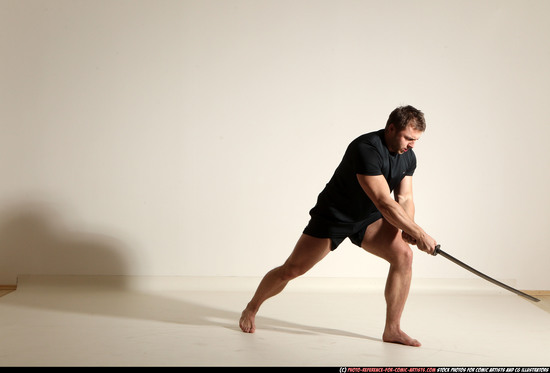 Man Adult Muscular White Fighting with sword Moving poses Sportswear