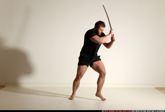 Man Adult Muscular White Fighting with sword Moving poses Sportswear