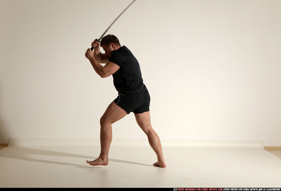 Man Adult Muscular White Fighting with sword Moving poses Sportswear