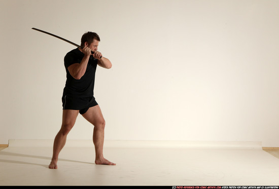 Man Adult Muscular White Fighting with sword Moving poses Sportswear