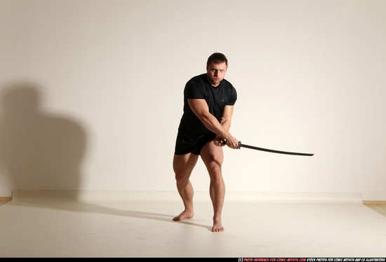 Man Adult Muscular White Fighting with sword Moving poses Sportswear