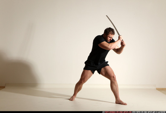 Man Adult Muscular White Fighting with sword Moving poses Sportswear