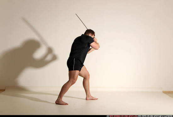 Man Adult Muscular White Fighting with sword Moving poses Sportswear