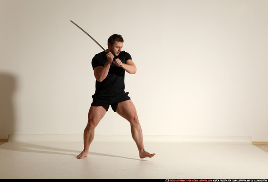 Man Adult Muscular White Fighting with sword Moving poses Sportswear