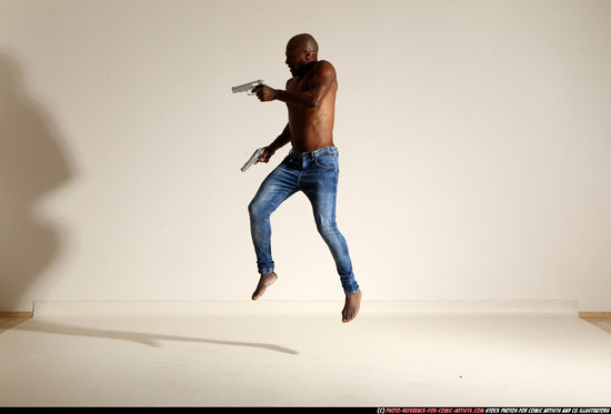 Man Adult Athletic Black Fighting with gun Moving poses Pants