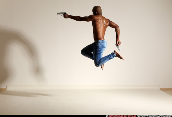 Man Adult Athletic Black Fighting with gun Moving poses Pants