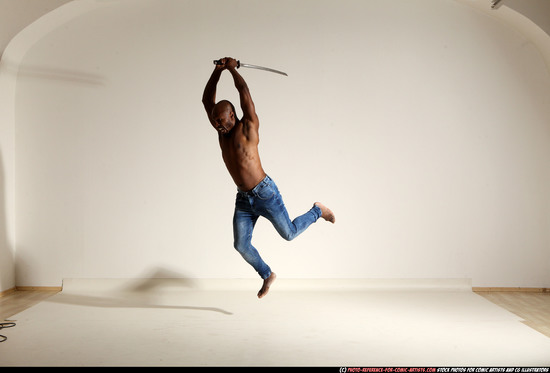 Man Adult Athletic Black Fighting with sword Moving poses Pants